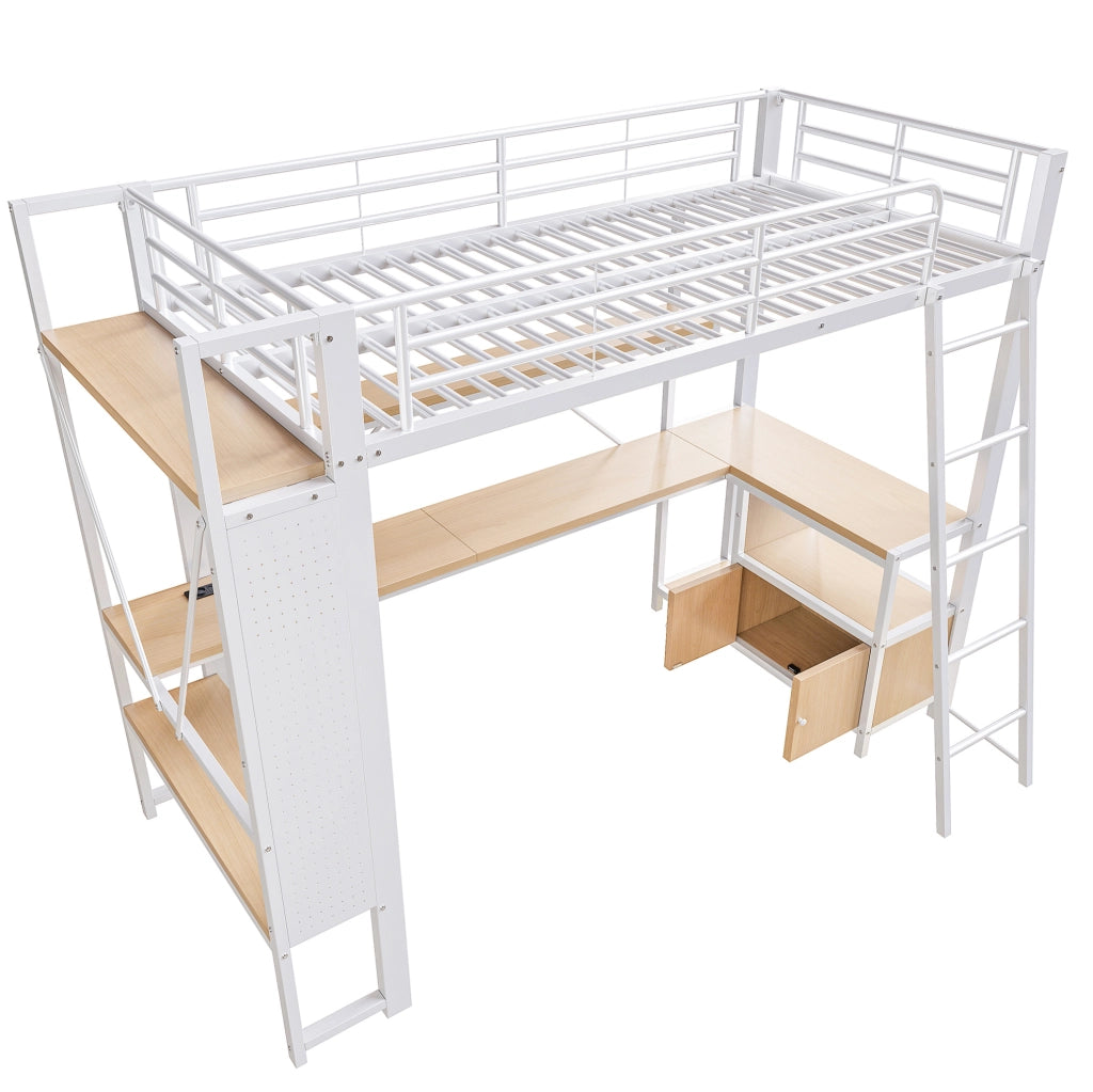 Letto a soppalco 90x200 cm in ferro con scrivania, LED, USB e ampi ripiani bianco
