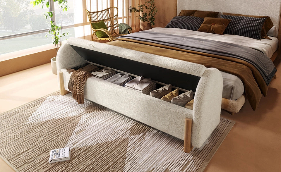 Panca contenitore bianca 186x47x61 cm con tessuto Chenille Bouclé e gambe in legno di gomma, raggio idraulico soft-close, carico max 150 kg