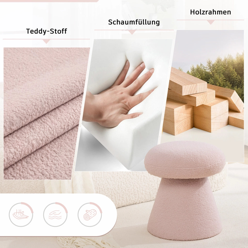 Pouf girevole moderno in tessuto Teddy rosa, forma fungo, 41x41x44 cm, per soggiorno e camera da letto