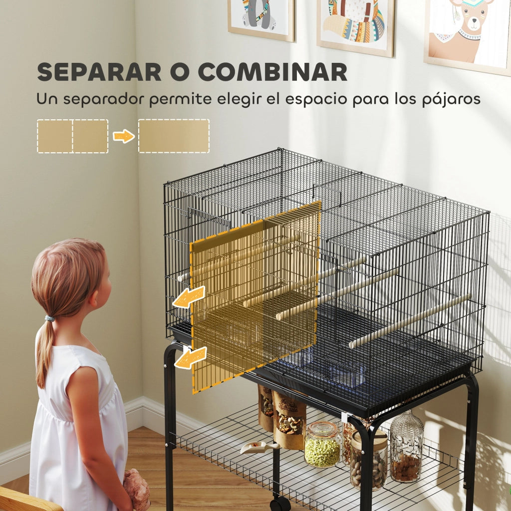Gabbia per Uccelli con Divisorio, Mangiatoie e Vassoio Estraibile ¨C Minimal ¨C 76x46x46/116 cm Nero
