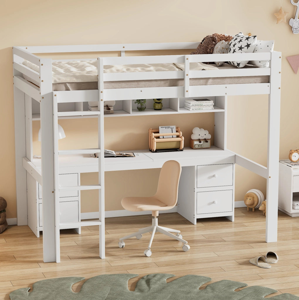 Letto a soppalco per bambini 90x200 cm in legno di pino bianco con scrivania e ampio spazio di stoccaggio