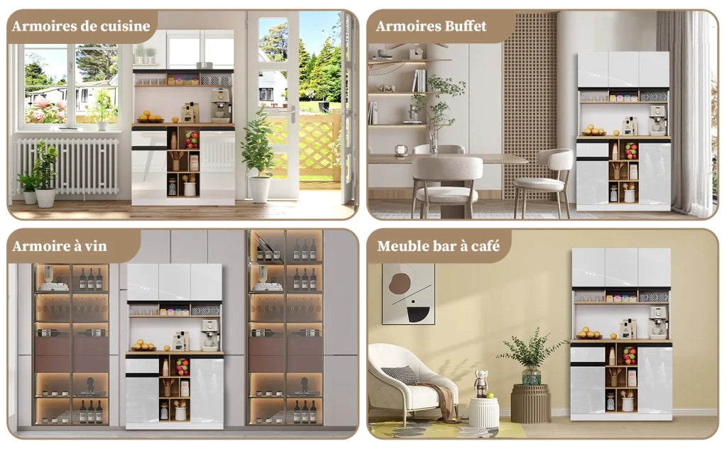 Mobile da cucina moderno bianco 105x45x185 cm, buffet con ante lucide, maniglie in metallo, ripiani regolabili, cassetti, spazio aperto, protezione anti-ribaltamento