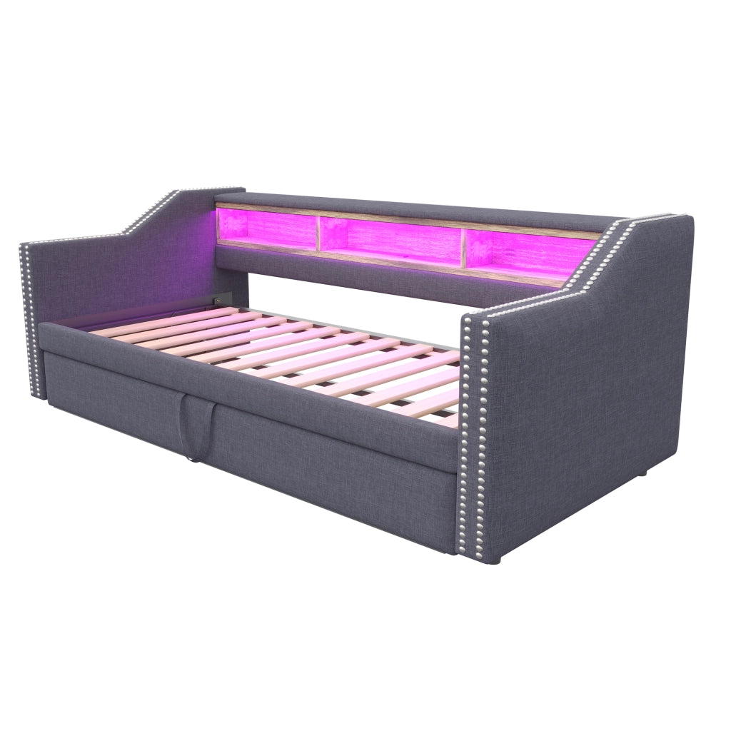 Letto divano estraibile 90 × 190 cm et 180 × 190 cm con ripiani, LED et USB, con 2 materassi