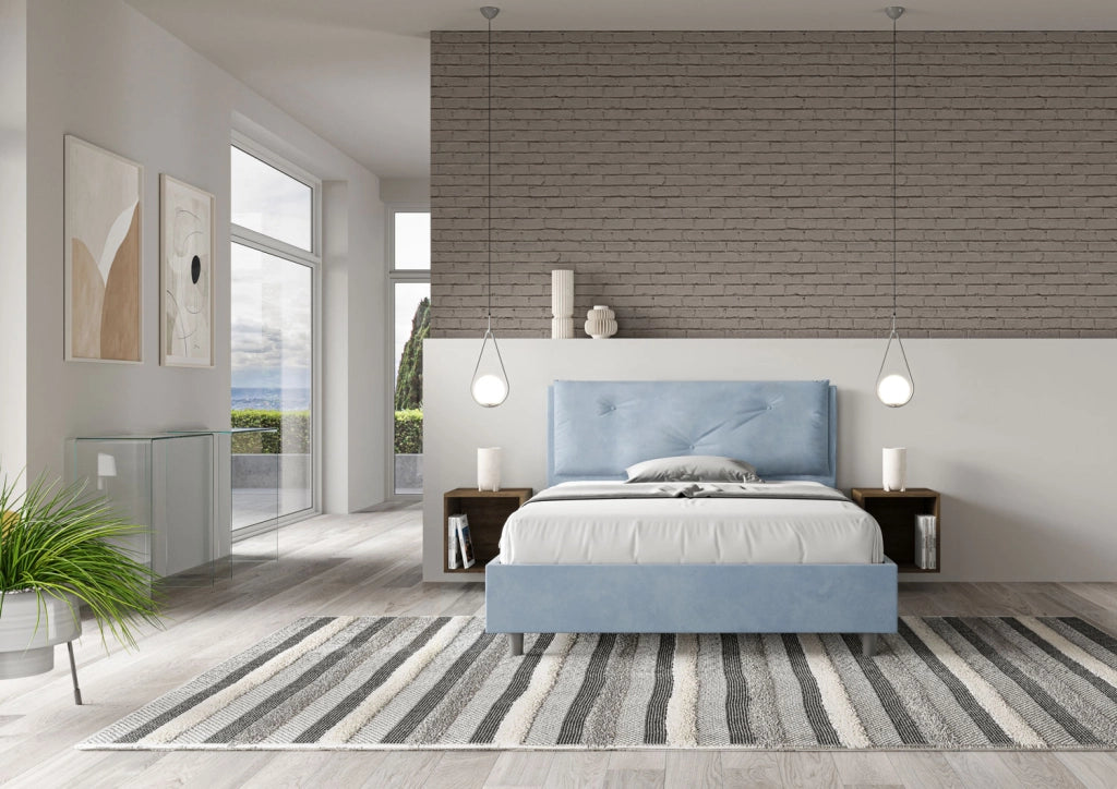 BS COM Letto matrimoniale francese con rete imbottito 140x200 microfibra azzurro Large