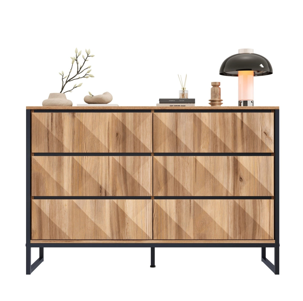 Credenza moderna 120 cm con 6 cassetti nero e legno