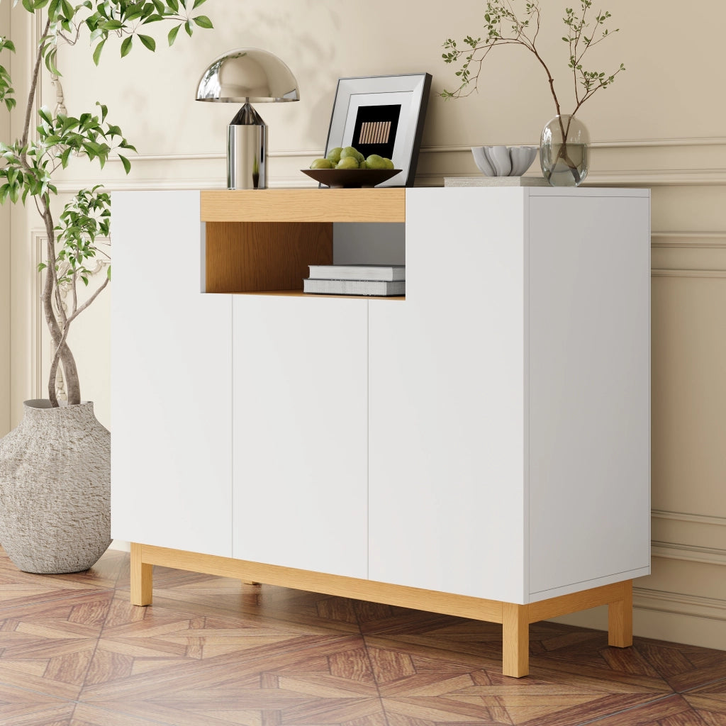 Credenza bianca con tre ante e vano centrale aperto; 120;5 cm; pannelli di particelle; effetto legno