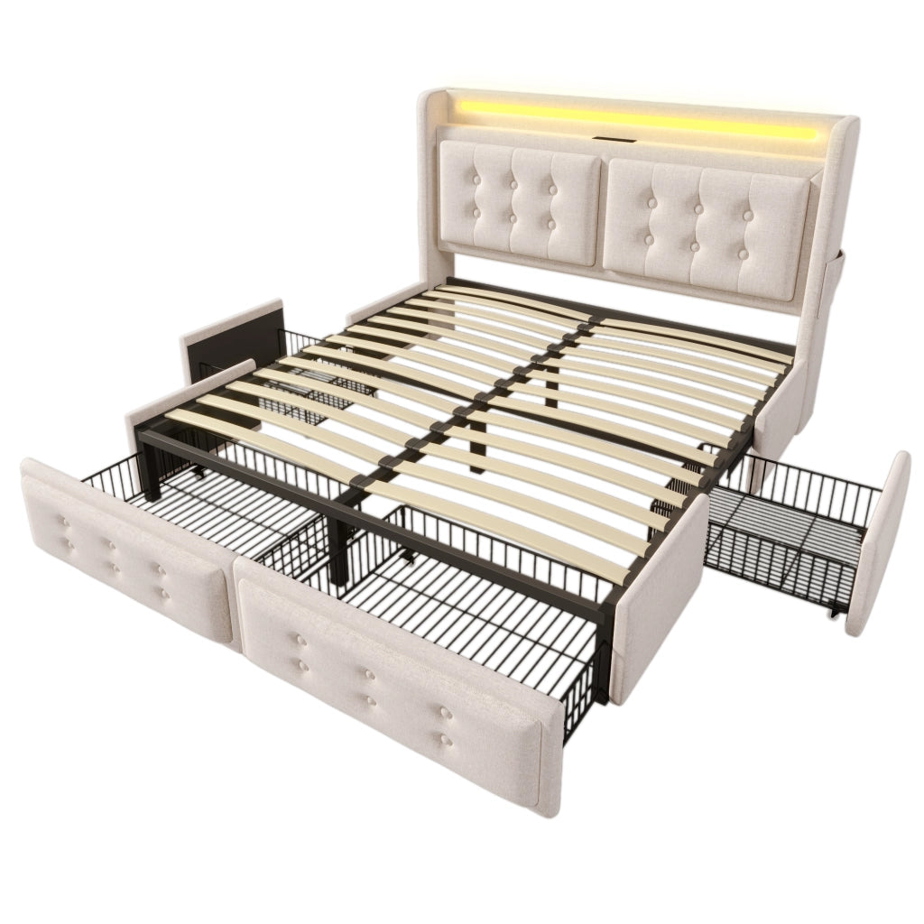 DESMIU Lit Coffre 140 × 200 cm 2 Posti con LED, USB, Type-C e 4 Cassetti, Materasso Incluso, Beige