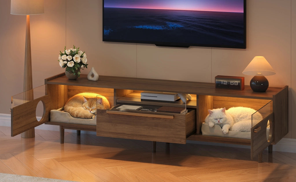 Mobile TV 180x40x50 cm con vano per gatti e illuminazione LED; MDF e vetro temperato; noce