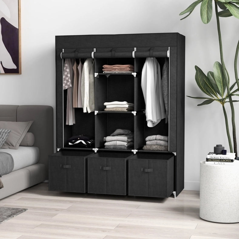 Armadio pieghevole in tessuto non tessuto con 3 cassetti, 125 x 43 x 162,5 cm, nero