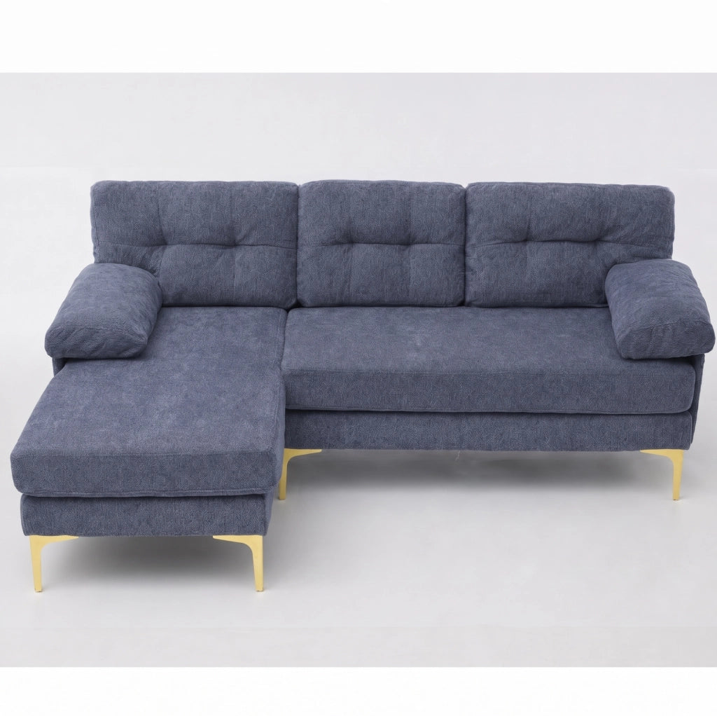 Divano ad angolo a 3 posti 187,5 cm in tessuto Chenille blu con braccioli imbottiti e piedini in metallo