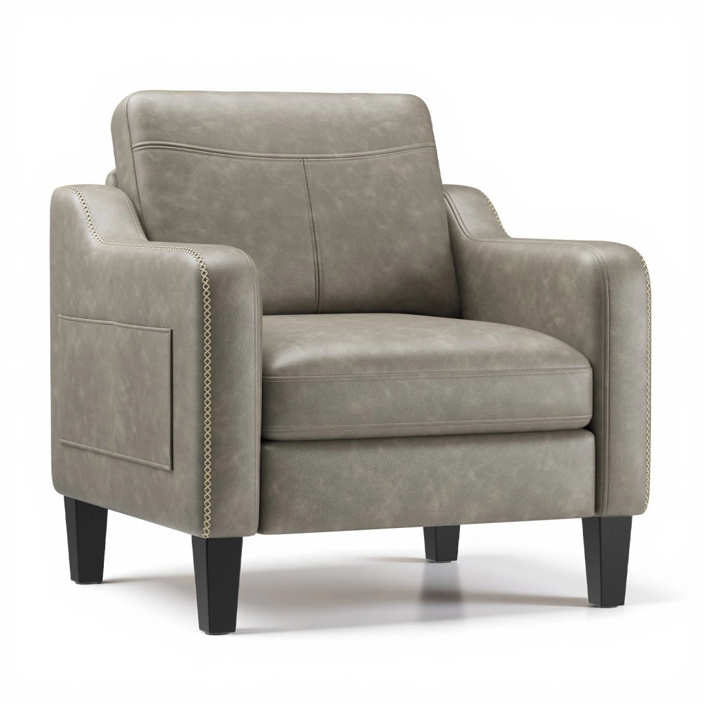 Poltrona moderna in PU in stile Mid-Century con vano portaoggetti laterale, comfort ergonomico per soggiorno e ufficio, grigio