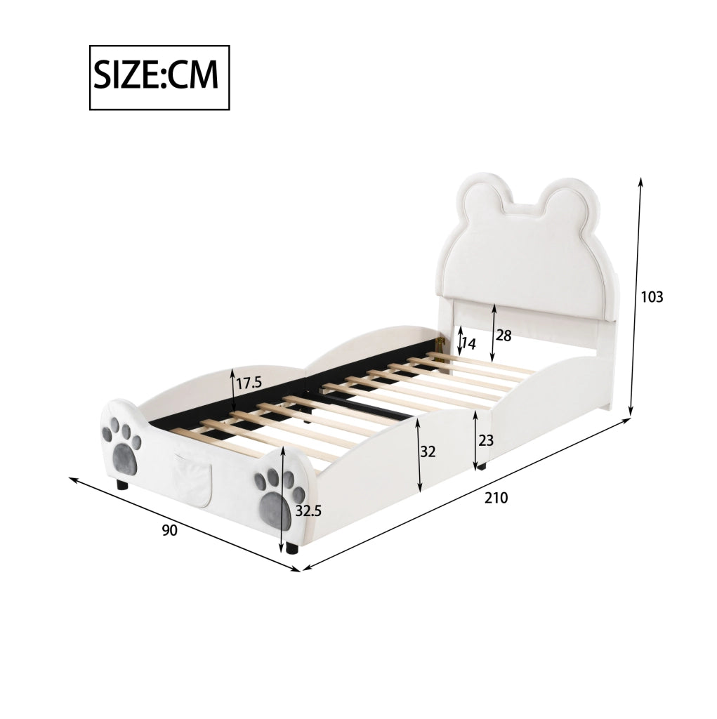 Letto imbottito per bambini a forma di orsetto, 90 x 200 cm, velluto bianco