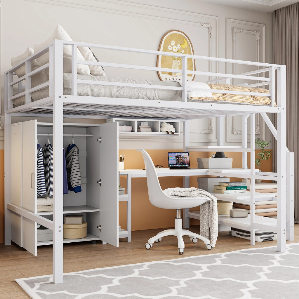 Letto a soppalco 140 × 200 cm con scrivania armadio scaffali e scala contenitore in metallo e MDF bianco