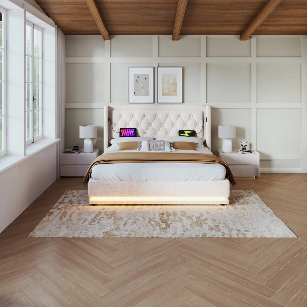Letto matrimoniale contenitore 140 × 200 cm in cotone beige con materasso a 7 zone LED USB e USB Type C