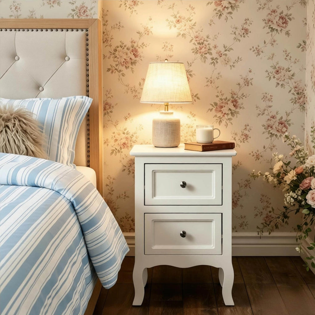 Nightstand moderno bianco con due cassetti in MDF laccato, 40x60x30 cm