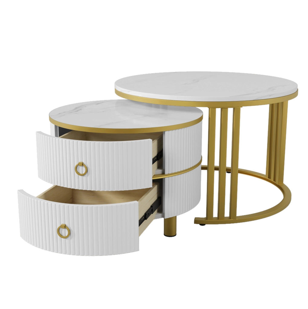 Set di 2 Tavolini Rotondi in MDF con Piano Lucido e Marmo Bianco, 70x70x46 + 50x50x40 cm