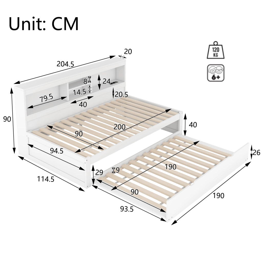Letto divano 90 × 200 cm 1 posto con letto estraibile; LED; presa e USB; vano laterale; senza materasso; bianco
