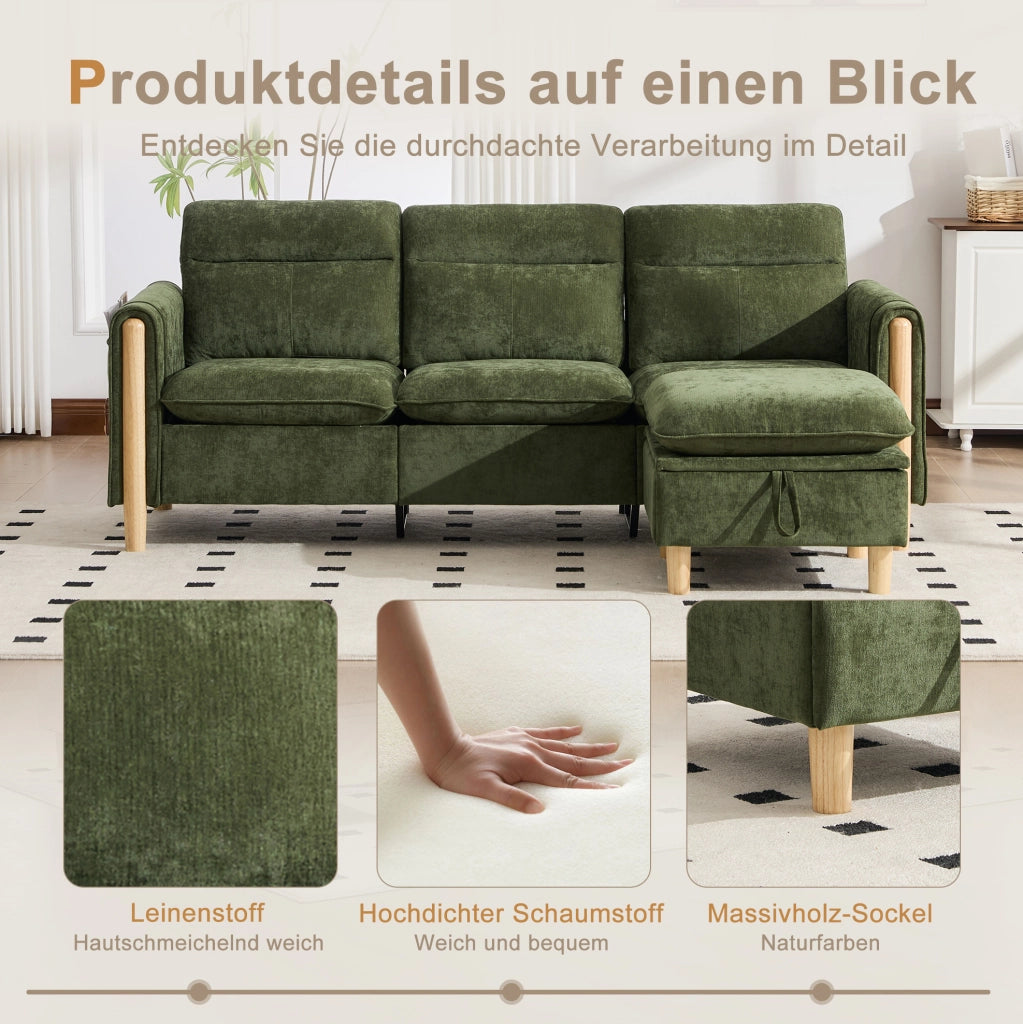Divano angolare a tre posti in chenille verde con poggiapiedi contenitore e gambe in legno, stile nordico