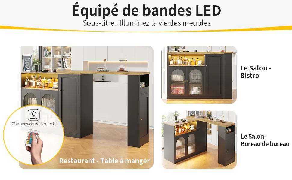 Bar Girevole 360° 198x39,6x97 cm, Mobile Nero Opaco con Scrivania Effetto Legno, Ante Vetro e LED, Sideboard Cantinetta Angolo Caffè