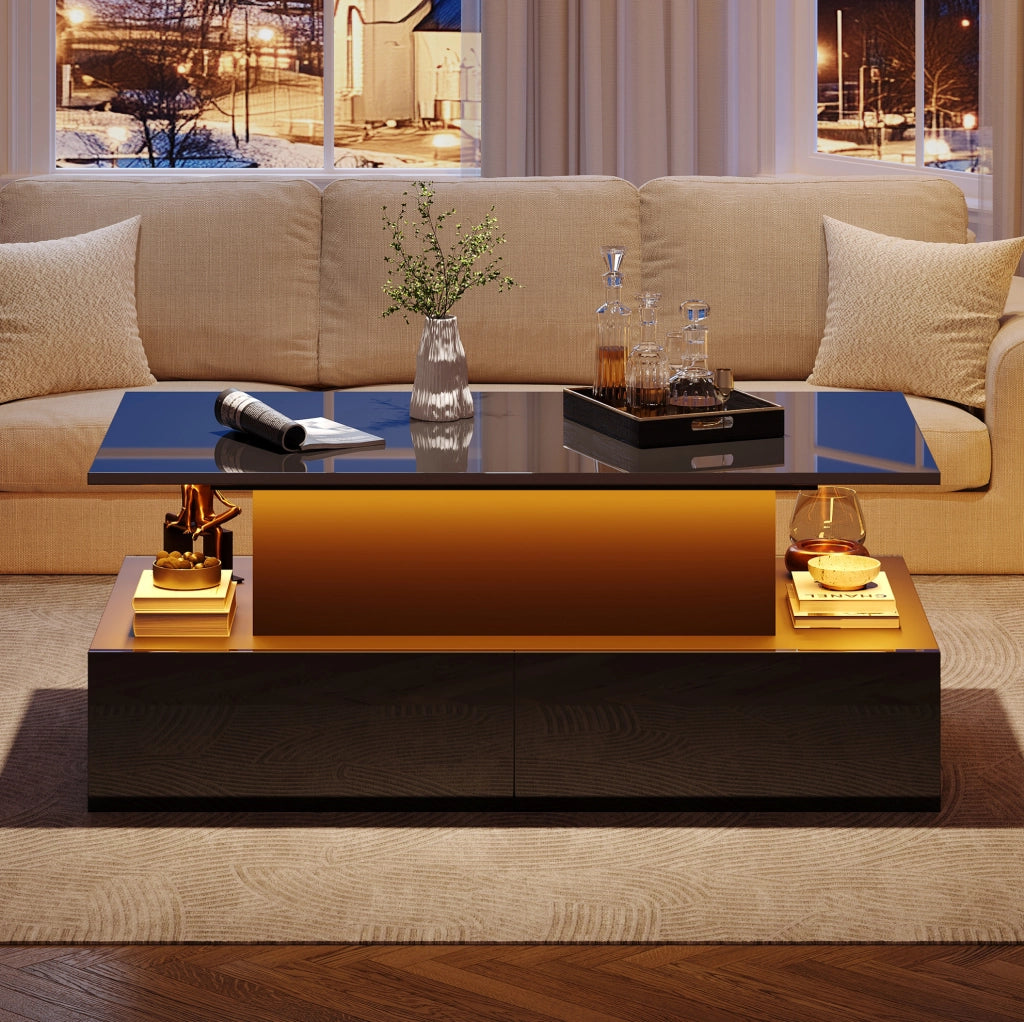 Tavolino da salotto nero lucido con illuminazione LED, 4 cassetti e piano estraibile 90x55x41 cm, portata 30 kg