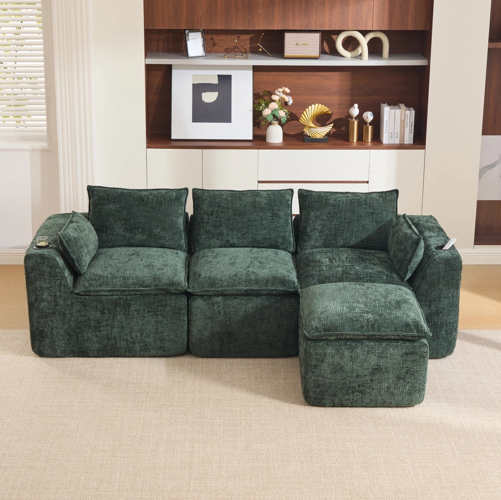 Divano componibile con pouf 256x161x75 cm in ciniglia verde; tasche laterali e cuscini