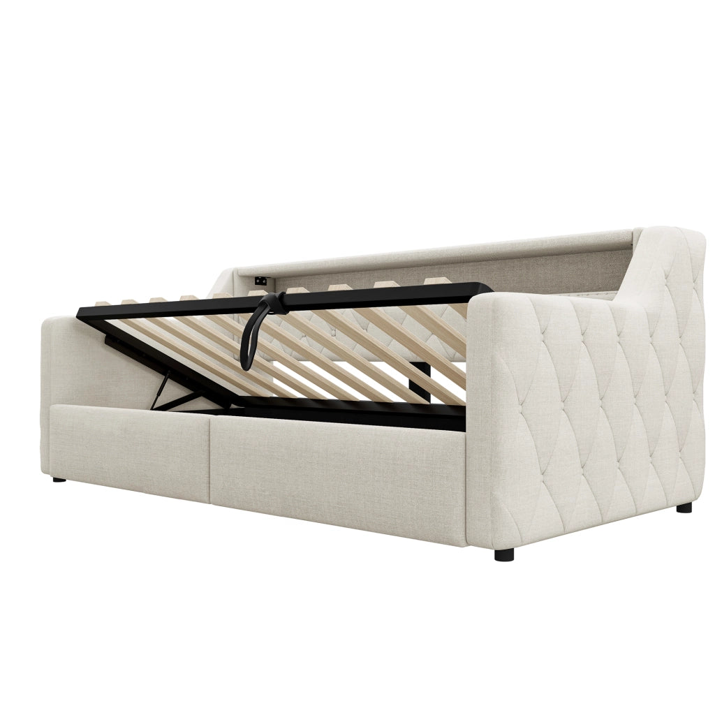 Letto contenitore 90 × 200 cm con vano idraulico LED; testiera sospesa USB e USB-C; lino e MDF beige