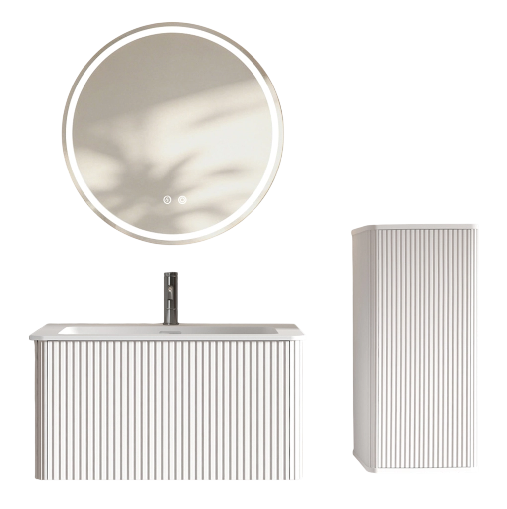Set mobili bagno ULEVR bianco con lavabo, specchio LED regolabile antiappannamento e colonna sospesa
