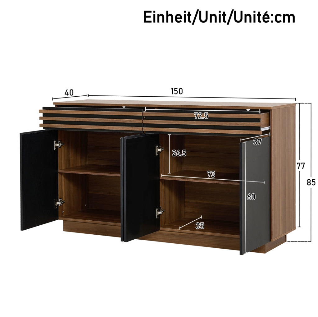 Credenza 150x40x85 cm in MDF marrone effetto legno e nero con 4 ante e 2 cassetti