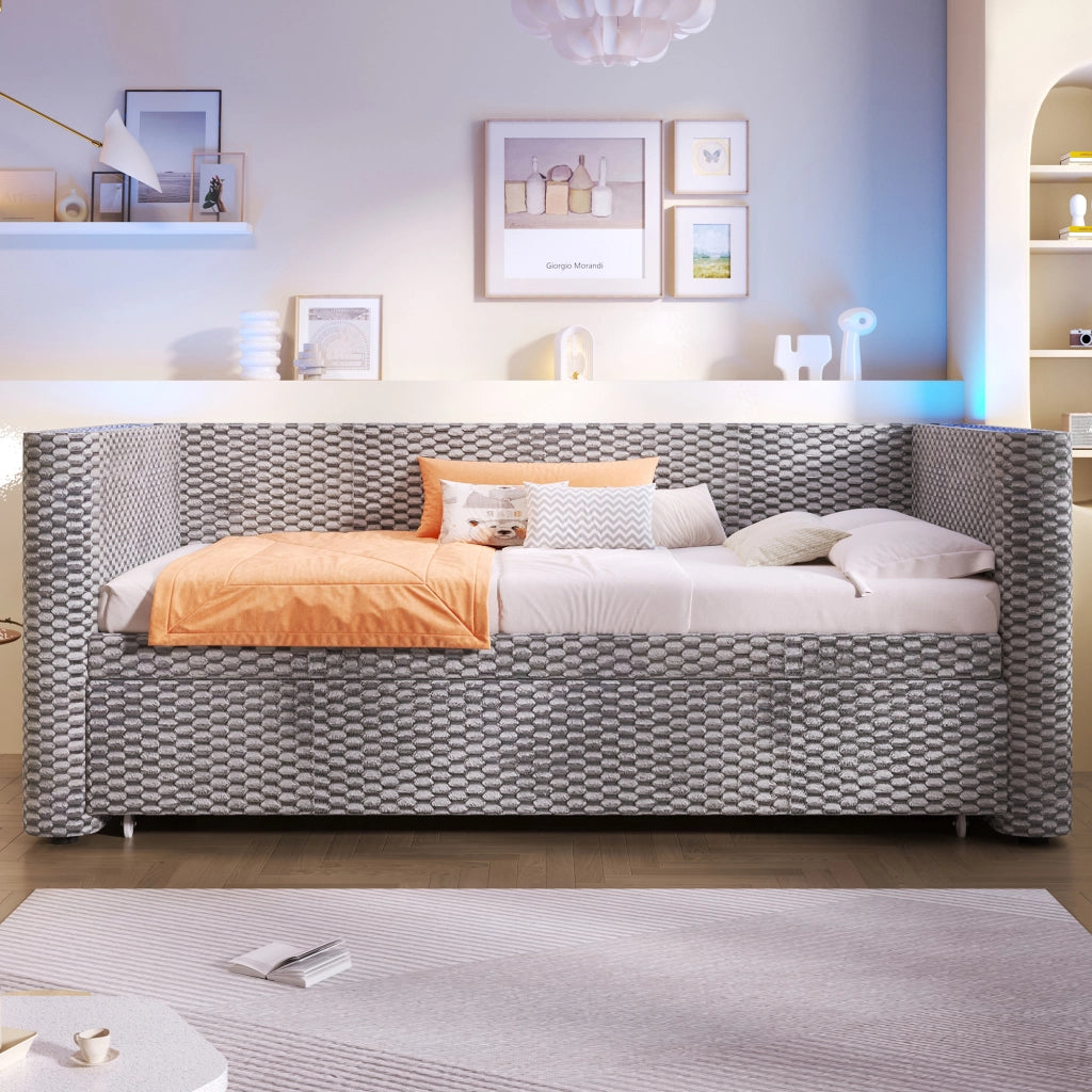 Letto divano estraibile 90 × 200 cm e 180 × 200 cm; 1 o 2 posti; LED multicolore; senza materasso; velluto grigio