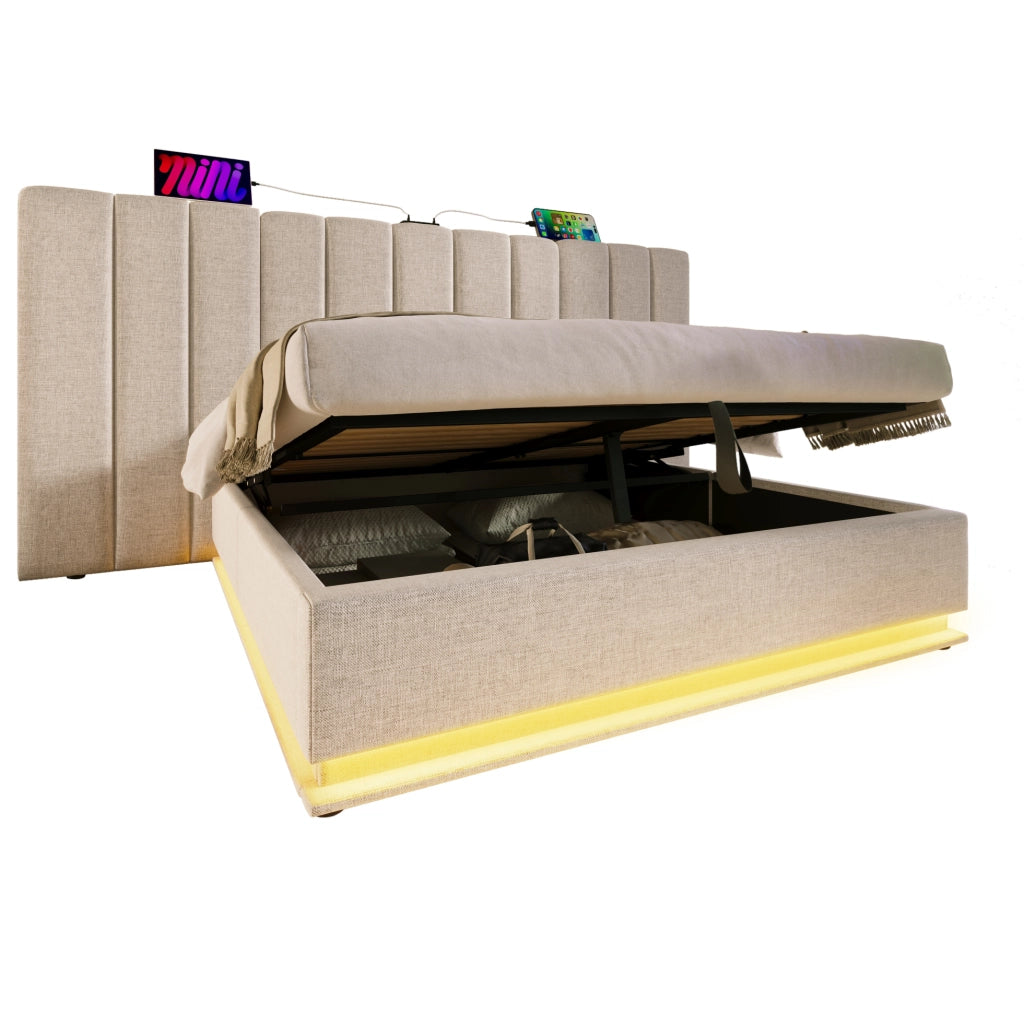 Letto imbottito matrimoniale 180x200 cm con contenitore; LED 360°; USB e Type-C; beige; con materasso