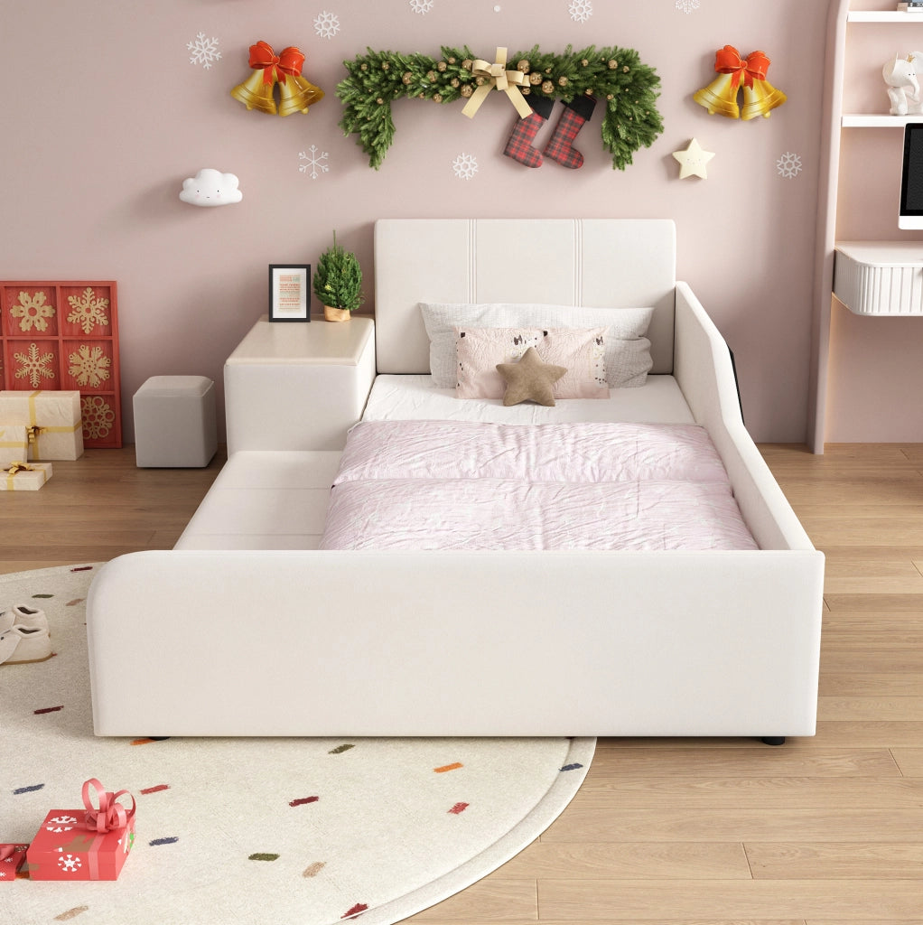 LETTO singolo 90x200 cm in velluto bianco con scrivania e sgabello
