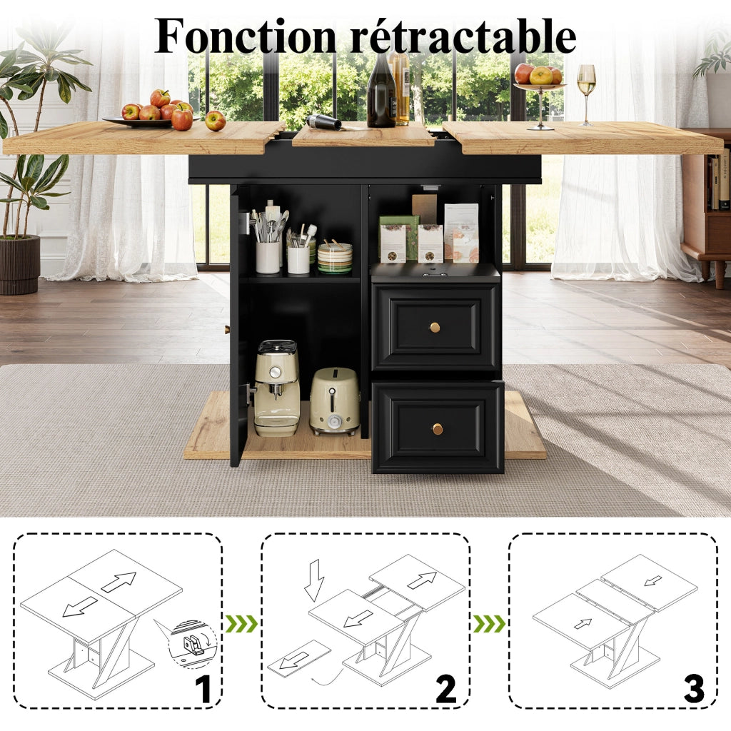 Tavolo da pranzo 6 posti con 1 porta; 2 cassetti e vano; piano allungabile per cucina e soggiorno in MDF e metallo naturale