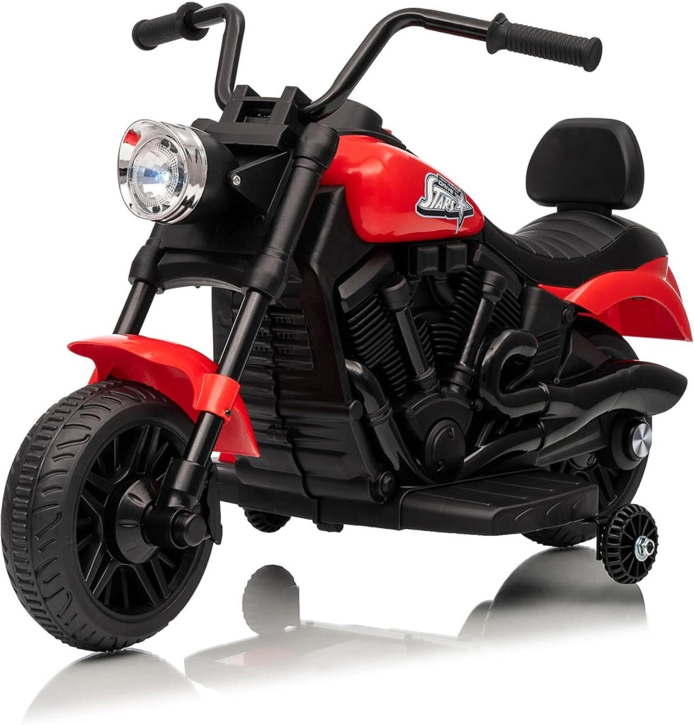 Moto Elettrica per Bambini 6V con Ruote di Supporto; Fari LED e Musica; Max 25kg; da 18 Mesi - Rosso