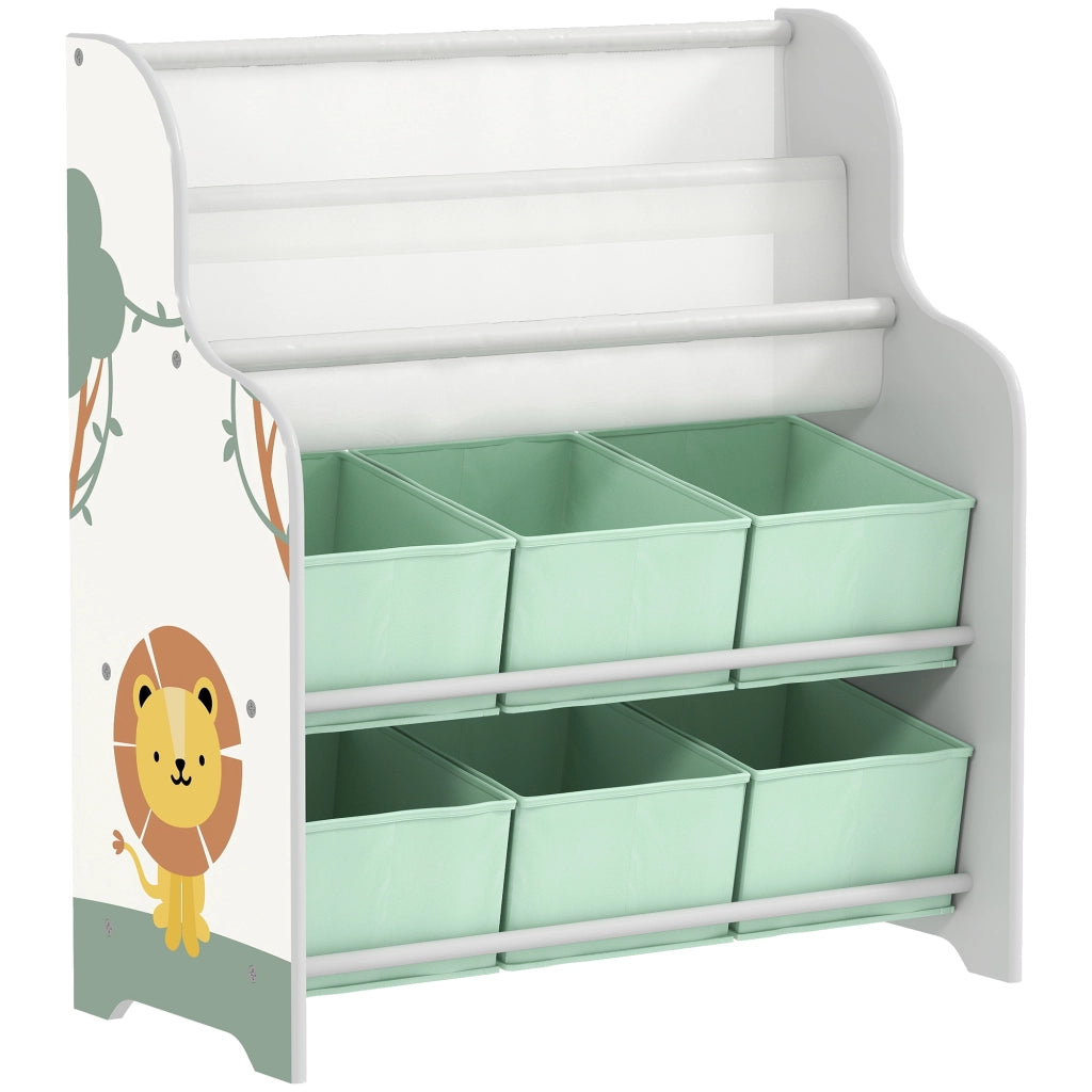 Scaffale Portagiochi per Bambini 63x30x71 cm con 6 Cassetti in Tessuto e Libreria a 2 Livelli in Legno e Acciaio Verde