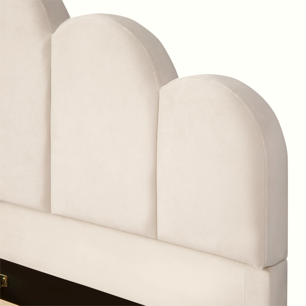 Letto imbottito per bambini in velluto 140 x 200 cm, letto matrimoniale con testiera trapuntata, angoli arrotondati e rete a doghe, beige
