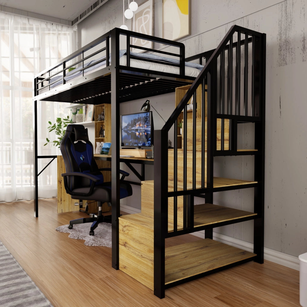 Letto a soppalco 90 × 200 cm in metallo e MDF nero con scrivania armadio scala contenitore e USB