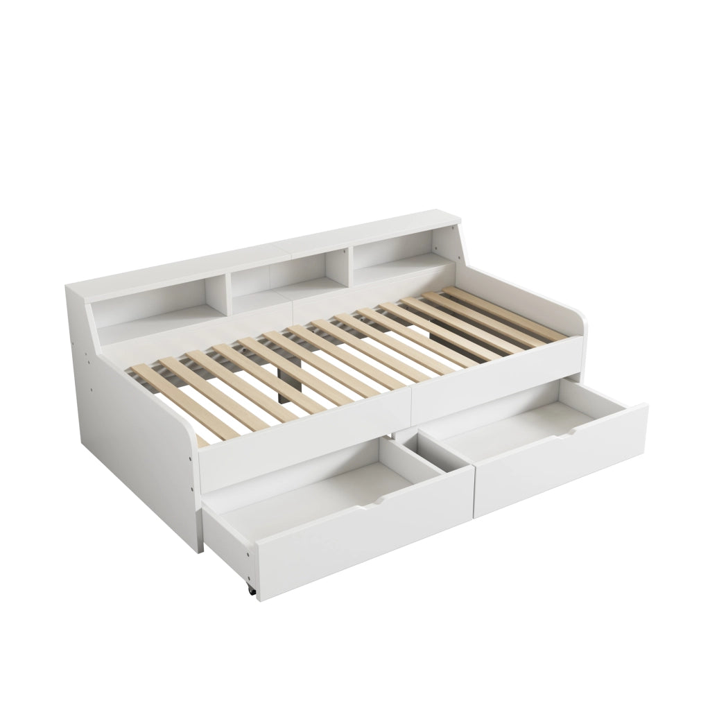 Letto singolo 90×200 cm con 2 cassetti e 3 ripiani laterali; senza materasso; legno massiccio e MDF; bianco