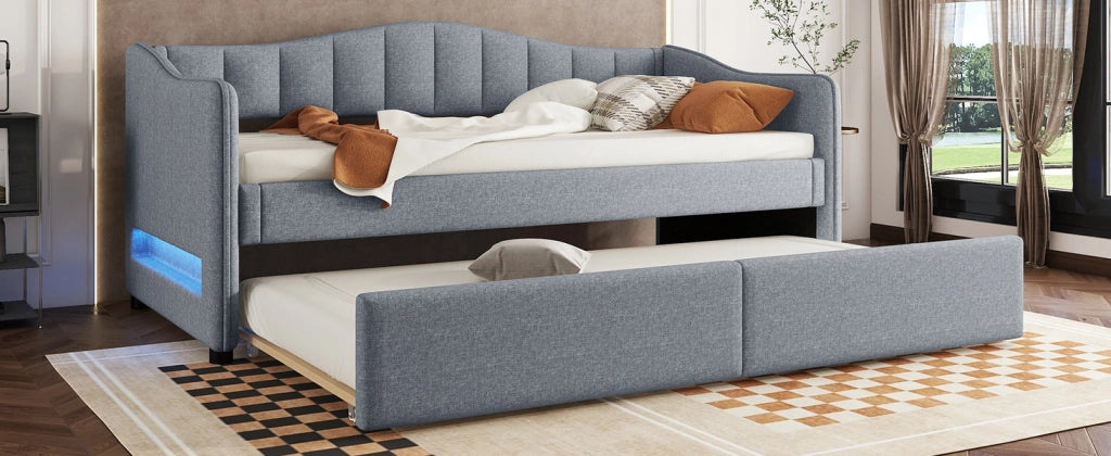 Letto singolo 90 × 200 cm con letto estraibile in lino e MDF grigio con illuminazione LED controllabile tramite app