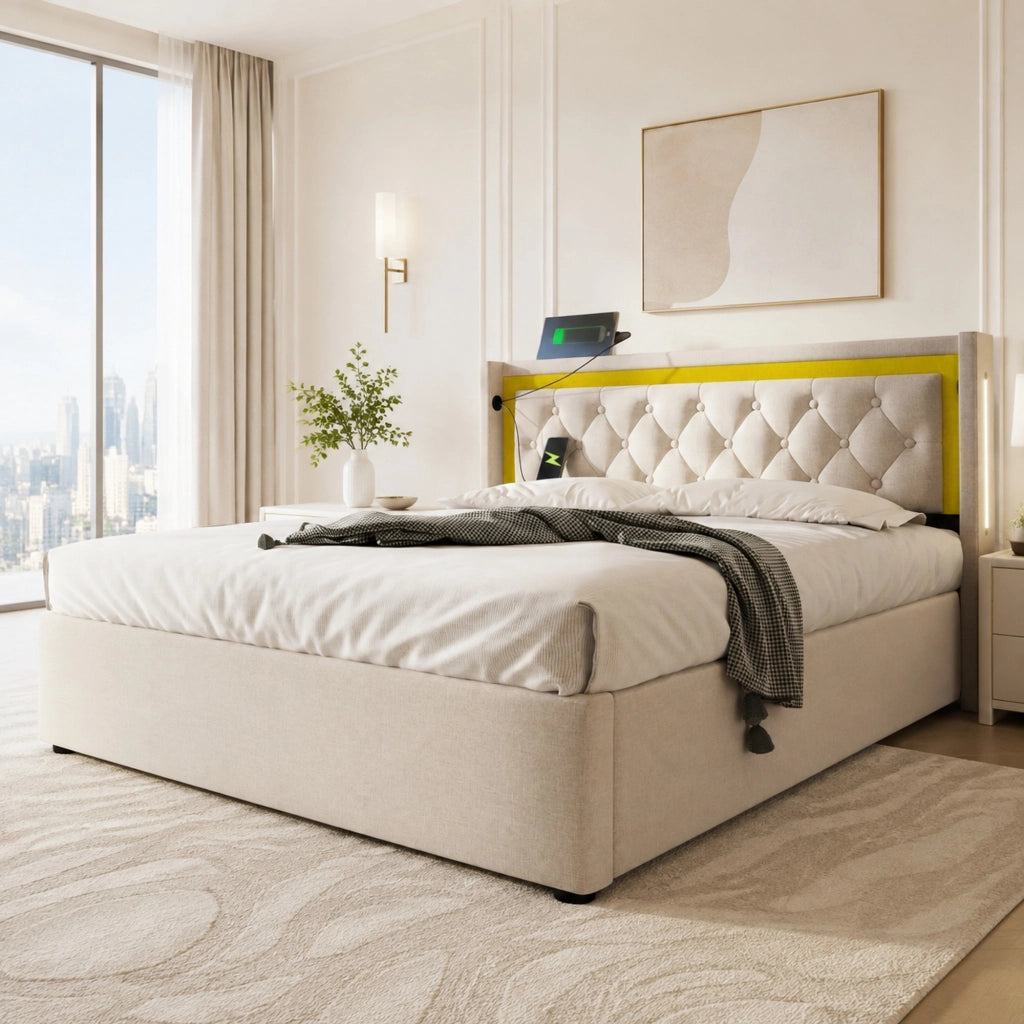 Letto matrimoniale 140x200 cm con contenitore; LED; USB e USB-C in cotone beige