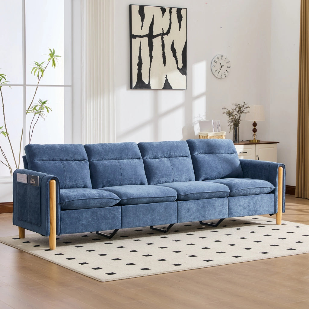 Divano panoramico modulare a 4 posti in ciniglia blu con due pouf contenitore e gambe in legno per soggiorno