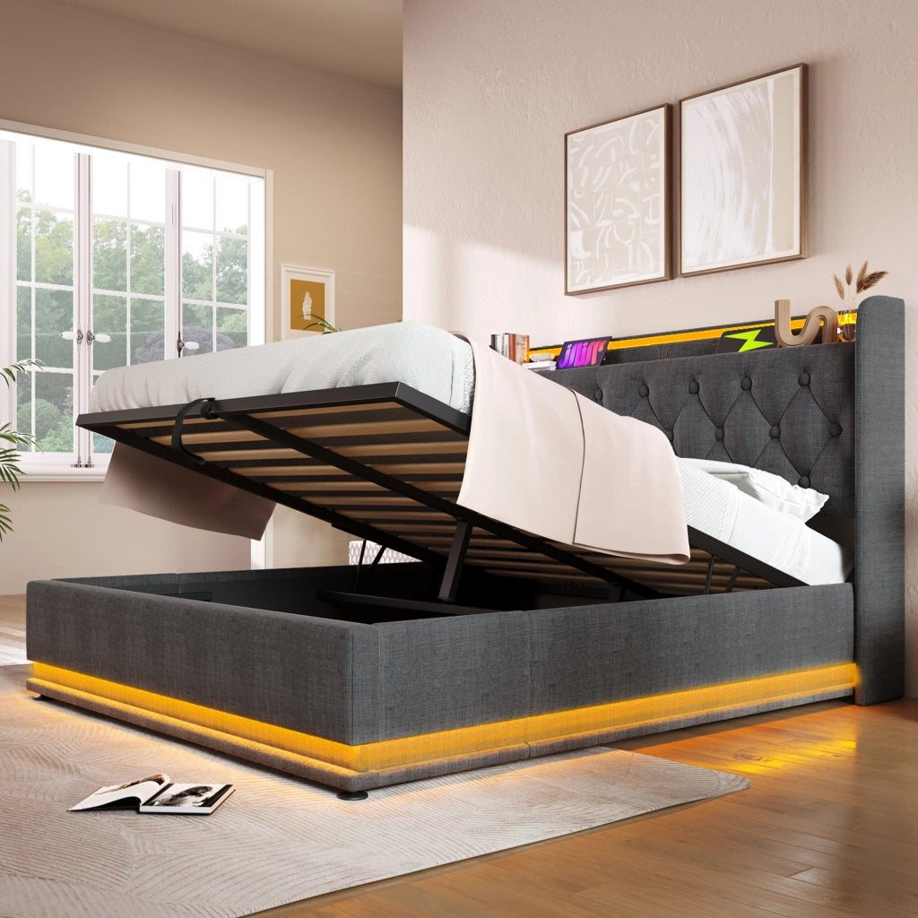 Letto contenitore 160 × 200 cm con LED a 360 gradi USB Type C testiera imbottita in lino grigio