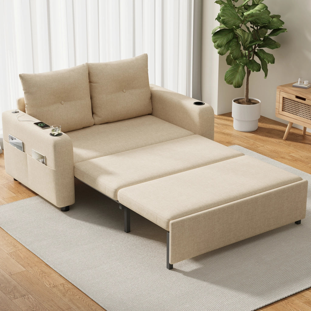 Divano letto 2 posti - con funzione relax e USB - con portabicchieri e tasche - beige