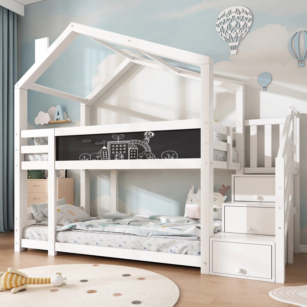 Letto per bambini 90 x 200 cm; letto a castello con camino; contenitore; protezione anticaduta; bianco; pannello e 2 reti a doghe inclusi; bianco