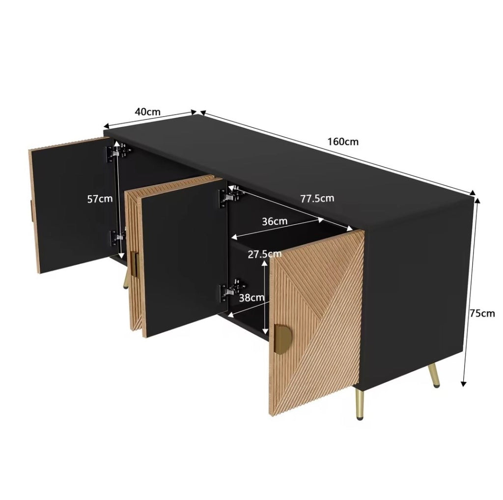 Sideboard 160 cm in MDF e PB con 4 porte, maniglie dorate spazzolate e gambe lucide oro