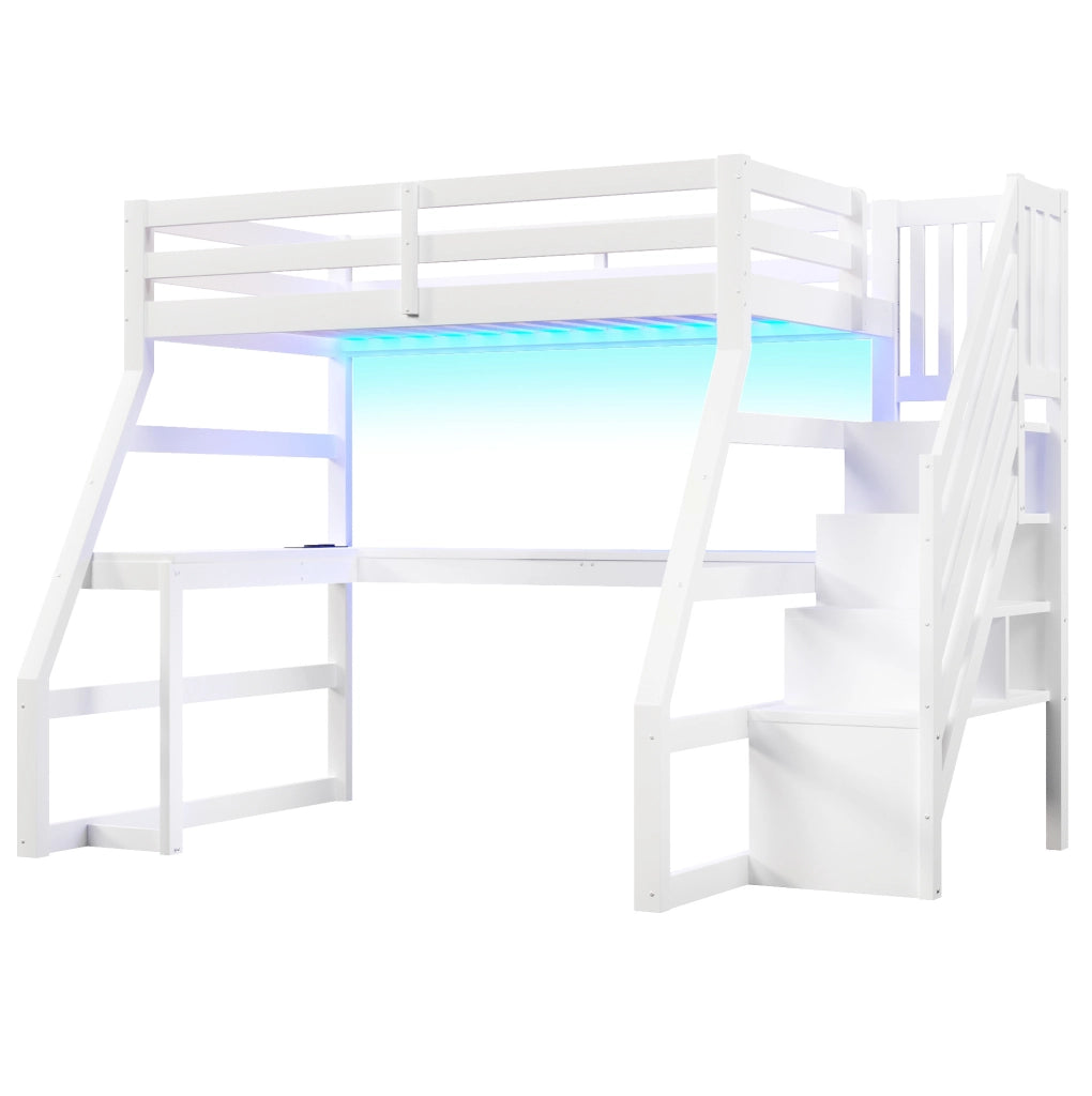 Letto a soppalco in legno 90x200 cm con scrivania; scala con contenitore e LED; bianco