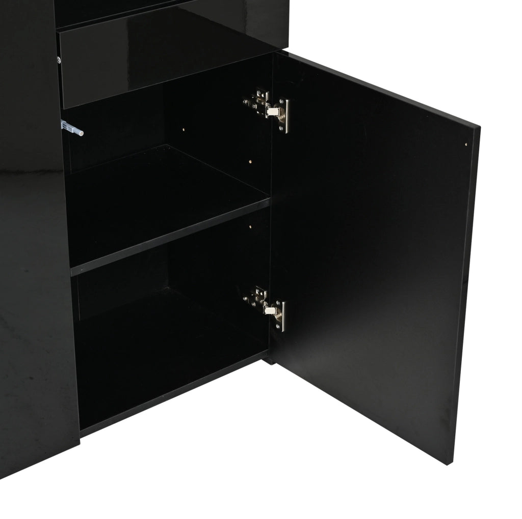 Vetrina nera in pannelli truciolari 70x35x180 cm con LED, due ante, cassetto e ripiani in vetro temperato