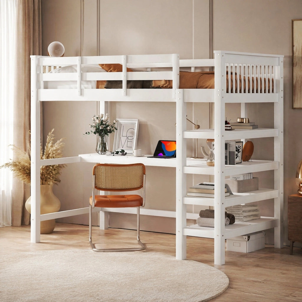 Hochbett 90x200 cm con scrivania e ripiani; in pino e MDF; bianco