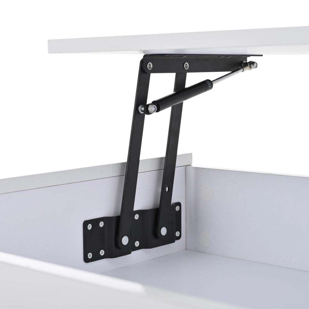 Tavolino basso alzabile per soggiorno con LED RGB; cassetto e vano chiuso; in pannello truciolare bianco lucido