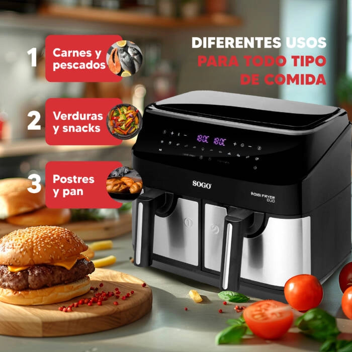 Friggitrice ad aria doppia 9L con 2 cestelli indipendenti, 12 programmi e temperatura 200°C 1750W per cucinare 2 piatti - Sogo
