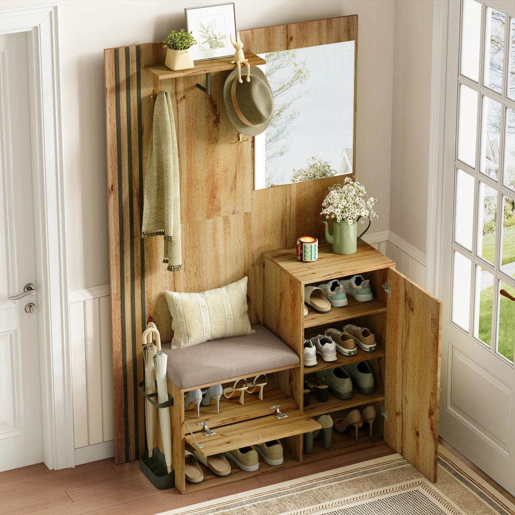 Mobile da ingresso con specchio e seduta imbottita, ripiani regolabili, in MDF naturale e nero, 115 × 37 × 185 cm